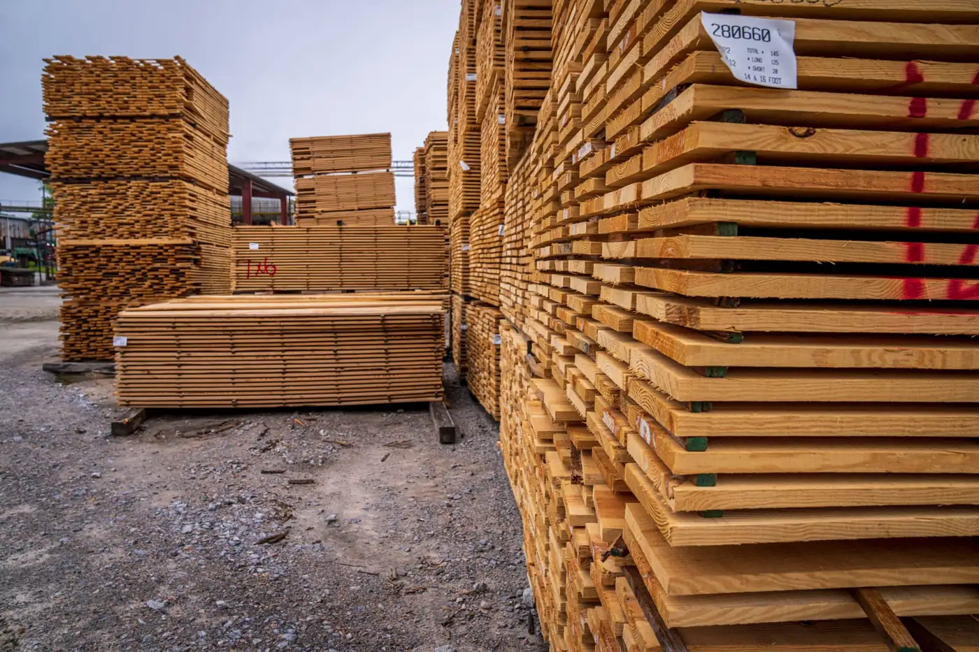 Stacked softwood lumber in an outdoor timber yard