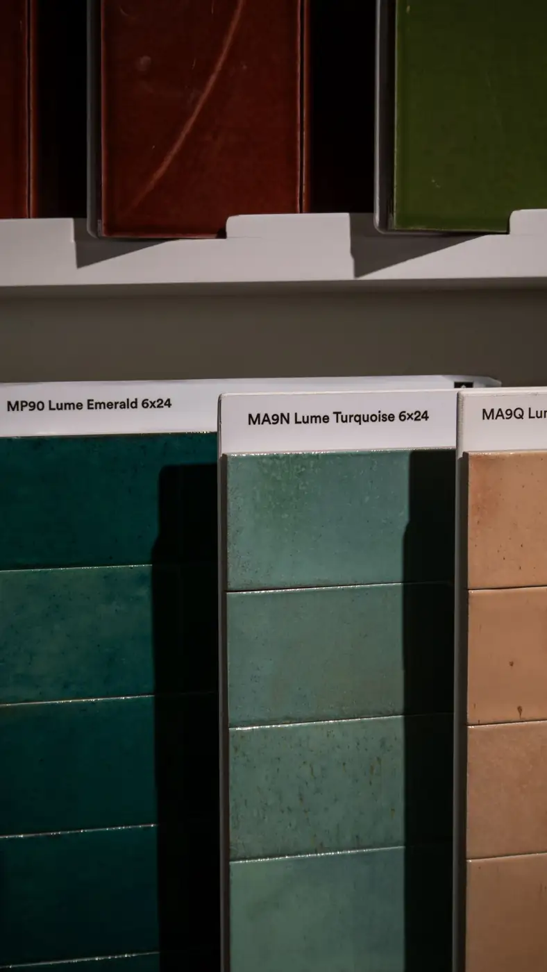 Showroom displays of glazed rectangular wall tiles